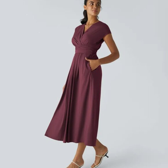 HALARA Dresses & Skirts - Halara Breezeful Midi Dress Burgundy Large V Neck Cap Sleeves Tie Back Pockets